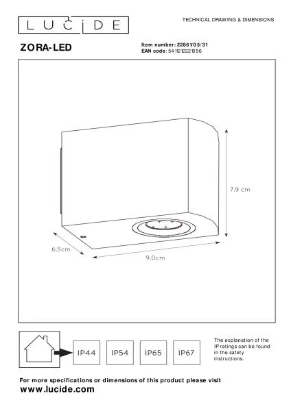 Lucide ZORA-LED - Wandspot / Wandlamp Binnen/Buiten - LED Dimb. - GU10 - 1x5W 3000K - IP44 - Wit - technisch